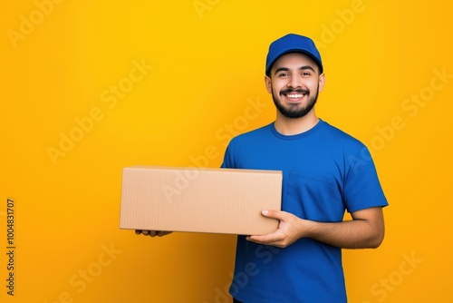 Happy male delivery worker in blue uniform holding a large cardboard box