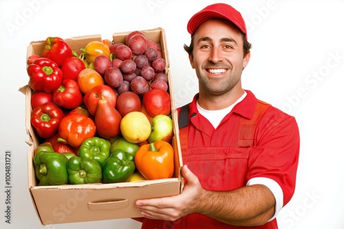 Happy delivery man holding a box of mixed fruits in red uniform