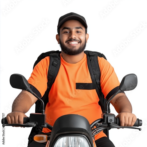 Smiling delivery rider in orange shirt with a motorcycle, front view