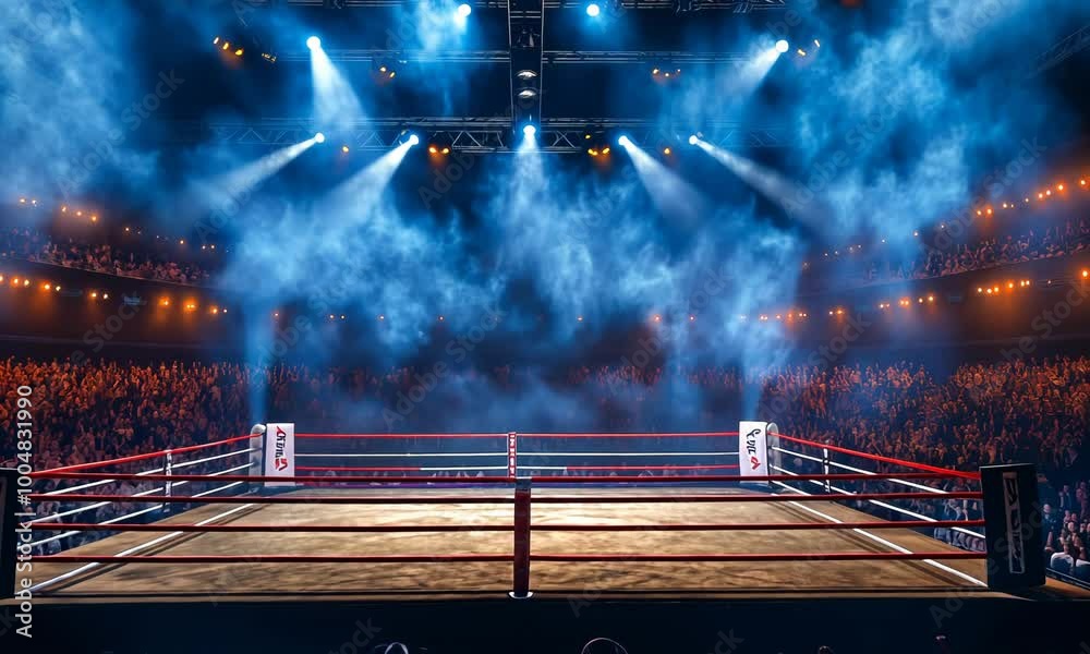 Boxing Rink Dramatic A grand view of an empty boxing ring under dramatic lighting ...