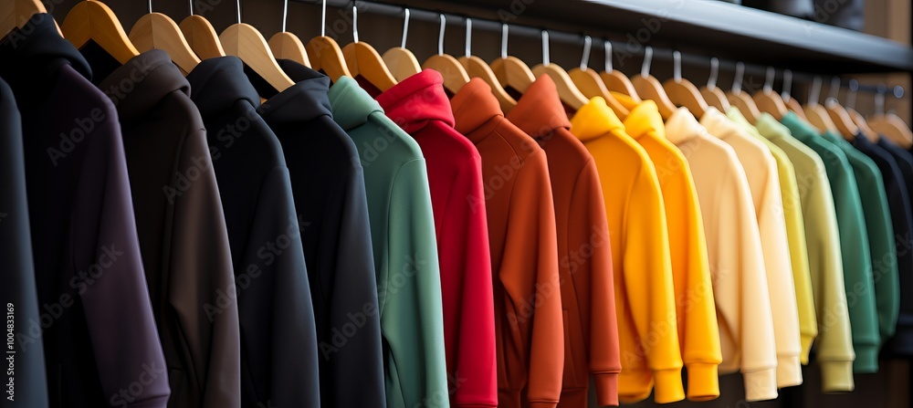 Colorful display of hoodies arranged neatly on hangers in a clothing store Colorful display of hoodies arranged neatly on hangers in a clothing store