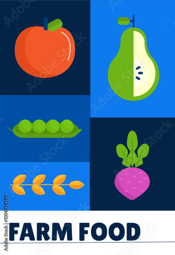 Poster with food. Apple, pear, peas and radish. Natural and fresh vegetables and fruits with vitamins. Flyer, brochure and leaflet. Vegetarian diet and nutrition. Flat vector illustration
