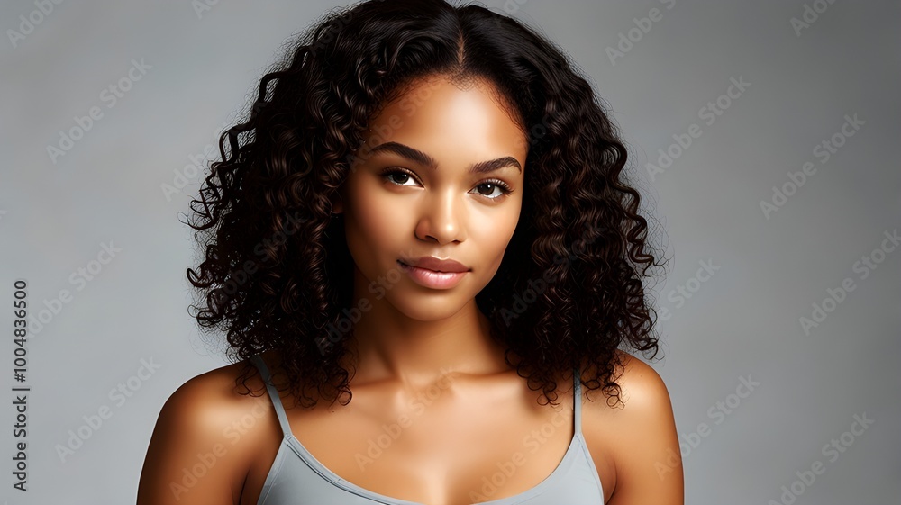 Beautiful young woman with curly hair, smiling confidently in a natural setting Beautiful young woman with curly hair, smiling confidently in a natural setting