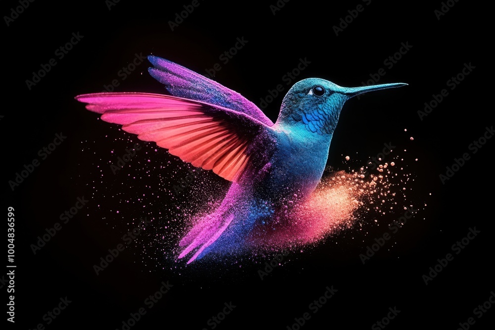 Fototapeta premium Birds. Dispersion, splatter effect on black background.
