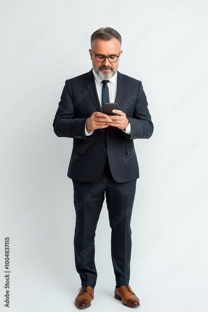 Happy business man of middle age wearing suit in formal shoes using phone standing isolated on white background. Busy mature businessman with smartphone in hands looking advertising mobile services.