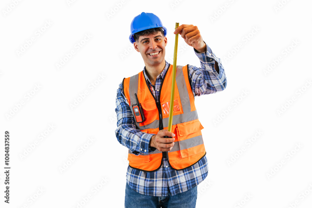 Smiling construction worker holding a measuring tape in safety gear white background Smiling construction worker holding a measuring tape in safety gear white background