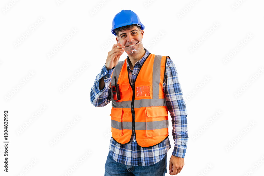 Construction worker in orange safety vest and blue helmet adjusting safety glasses white background Construction worker in orange safety vest and blue helmet adjusting safety glasses white background