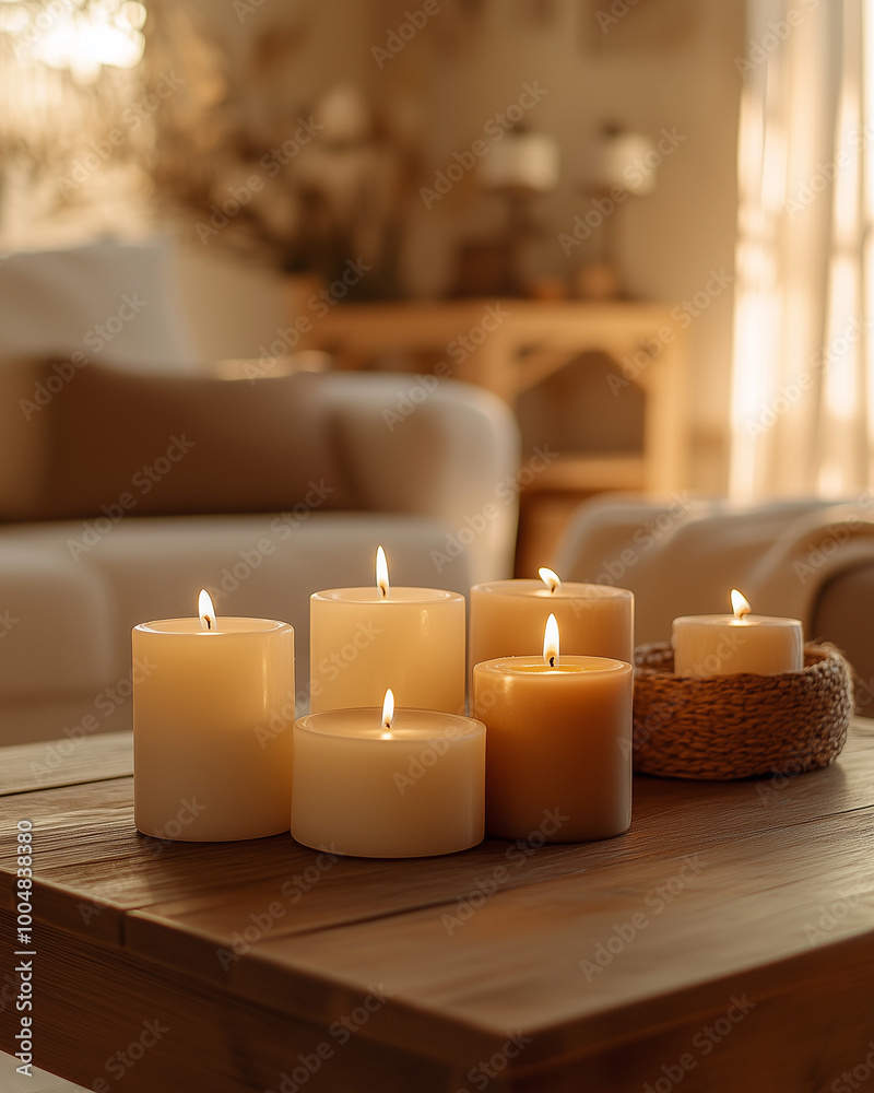 Candles on wooden table in sunlit living room with cozy atmosphere Candles on wooden table in sunlit living room with cozy atmosphere