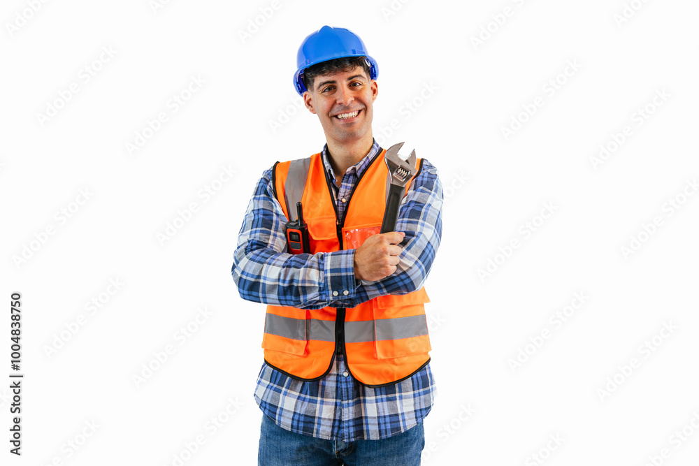 Construction worker smiling and holding a wrench in safety gear white background Construction worker smiling and holding a wrench in safety gear white background