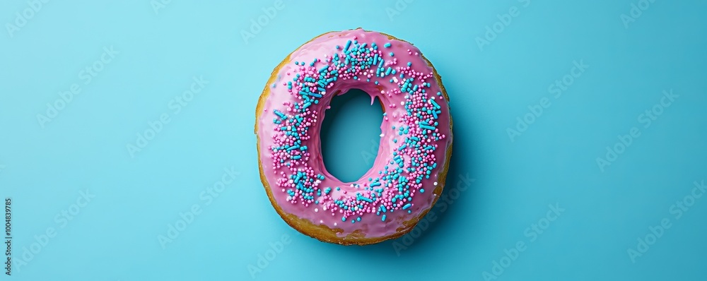 Pink donut with sprinkles on blue background Pink donut with sprinkles on blue background