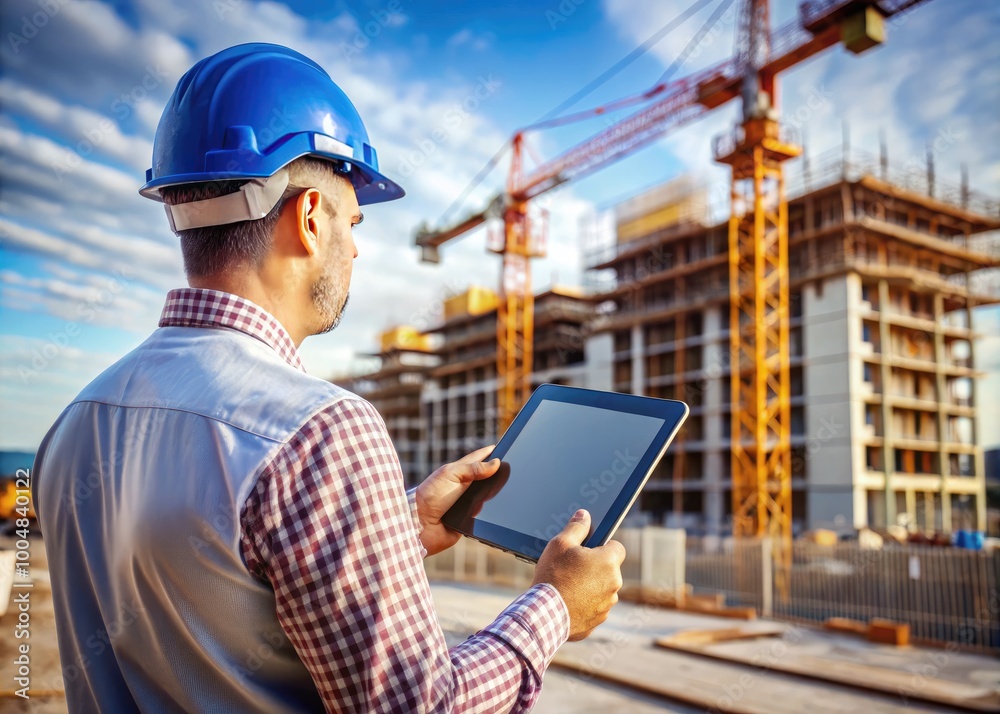 Construction engineer analyzing blueprints on digital tablet at a busy construction site outdoors Construction engineer analyzing blueprints on digital tablet at a busy construction site outdoors