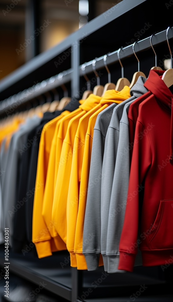 Fototapeta premium Colorful hoodies displayed in a modern retail store setting during the afternoon hours