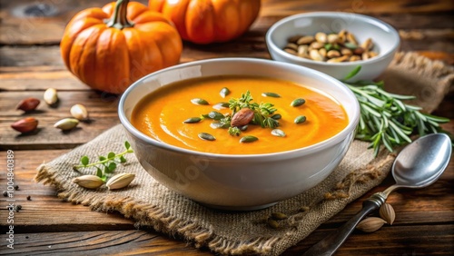 Cozy Autumn Pumpkin Soup with Seeds and Thyme in White Bowl on Rustic Wooden Table for Halloween