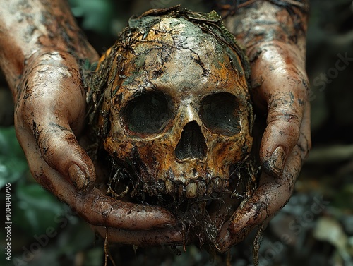 A Hand Holding a Skull in the Forest