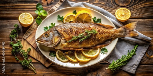 Crispy Fried Snapper Fish Served with Lemon Wedges and Fresh Herbs on a Rustic Wooden Table