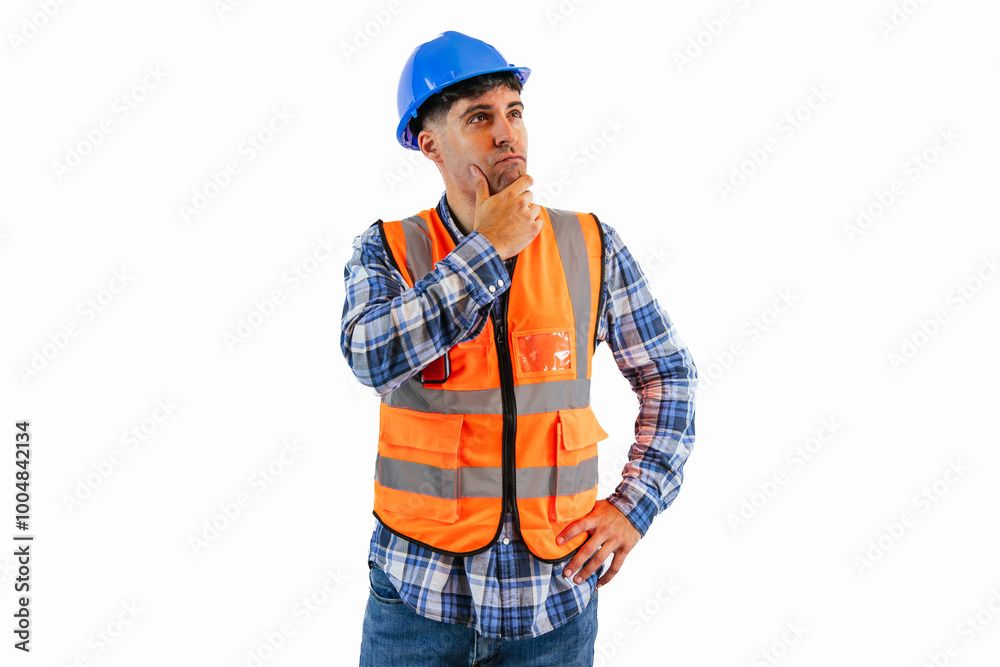 Engineer in orange vest and safety helmet holding chin in thoughtful pose white background Engineer in orange vest and safety helmet holding chin in thoughtful pose white background