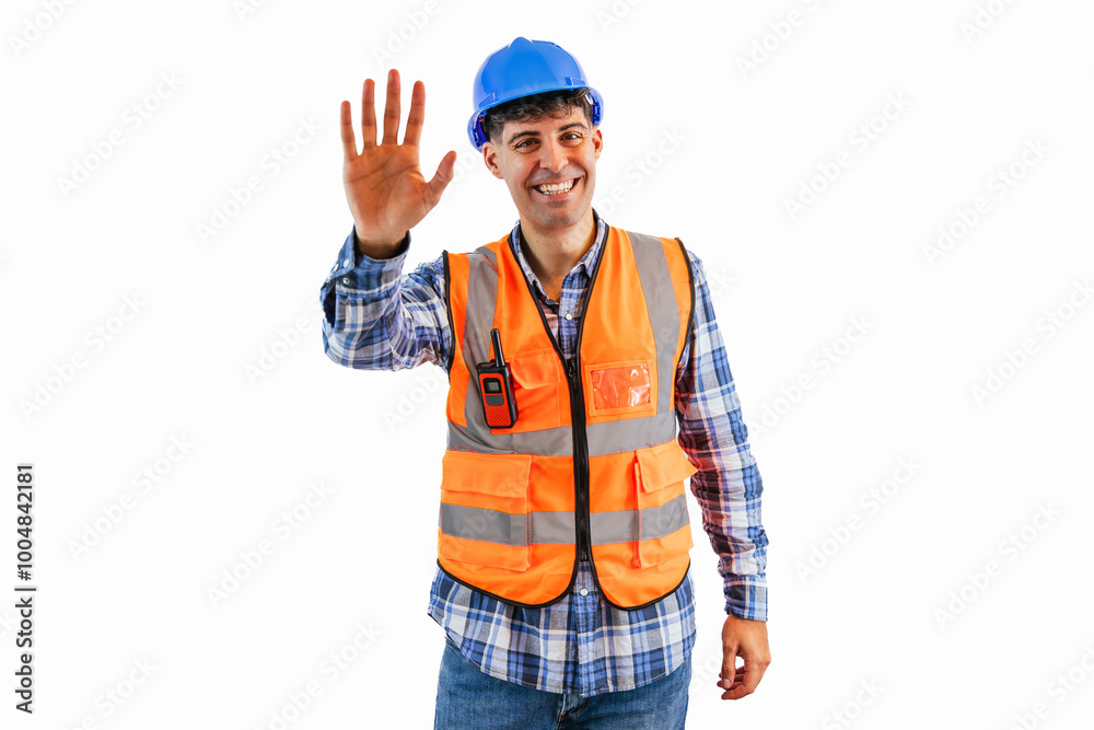 Construction Worker Indicating Stop with Hand Signal white background Construction Worker Indicating Stop with Hand Signal white background