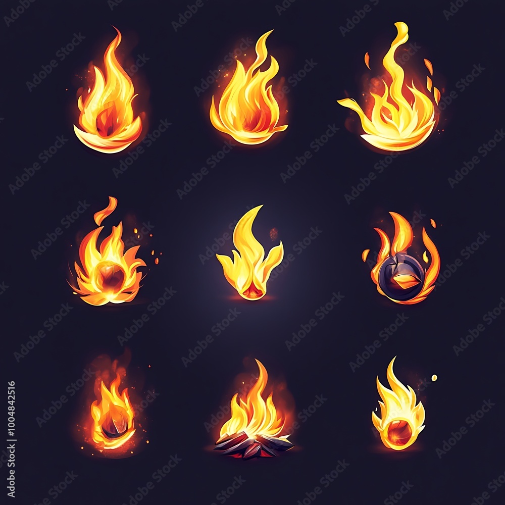 Dynamic fire flames collection showcasing movement and energy on black surface Dynamic fire flames collection showcasing movement and energy on black surface