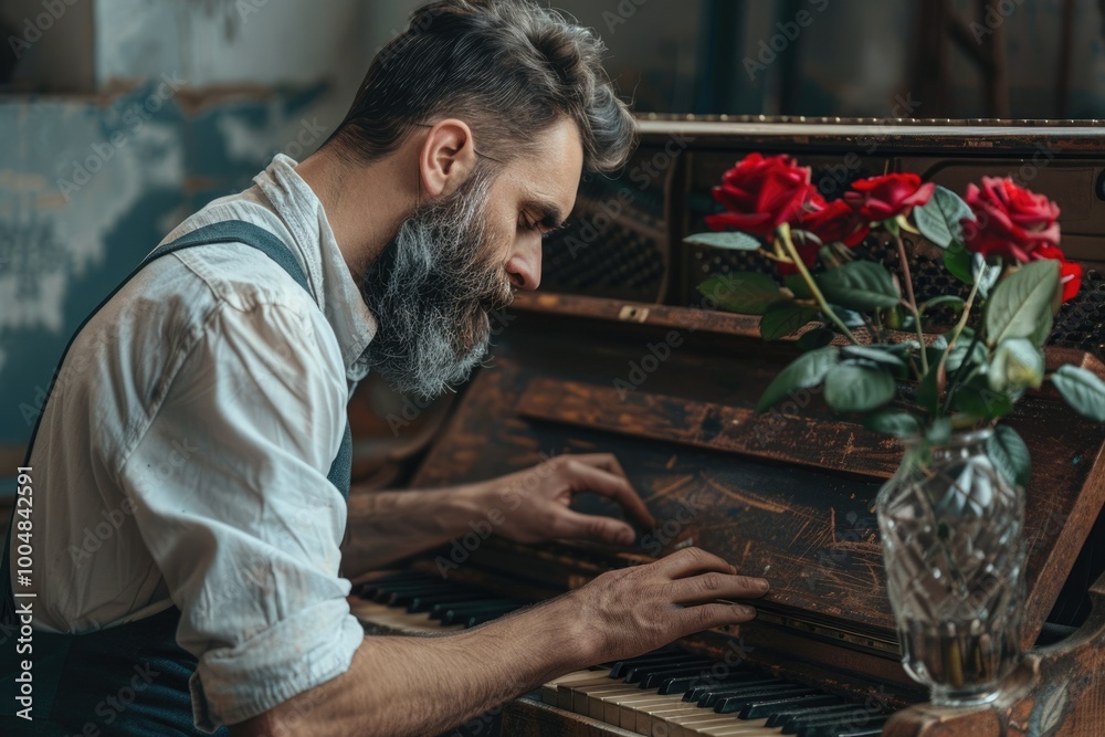 Man moving piano and vase with red roses on grey background. Man moving piano and vase with red roses on grey background.