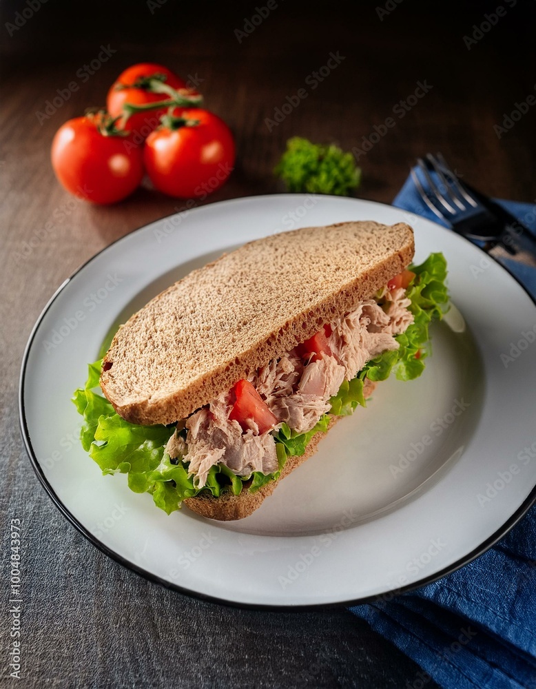 tuna sandwich with tomato and lettuce
