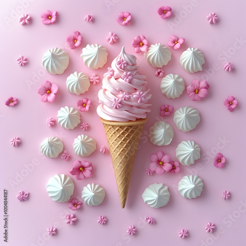 Ice cream and merengue cookies, creative sugar flat lay composition.