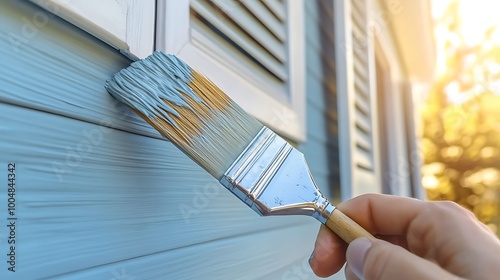 A hand holding a paintbrush, painting a light blue color onto the exterior of a house. The sunlight shines through the window.