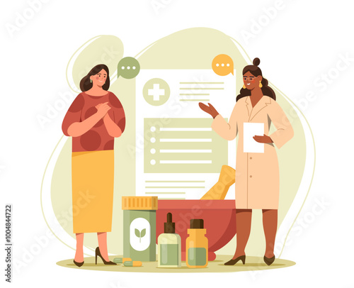 Women with herbal medicine. Young girls preparing medicine from natural herbs. Healthcare and treatment. Green organic supplement. Flat vector illustration isolated on white background