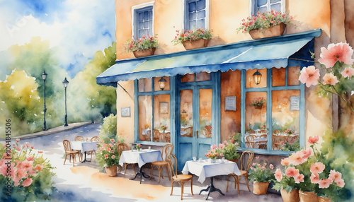 Charming watercolor cafe storefront with cozy outdoor seating against pastel cityscape