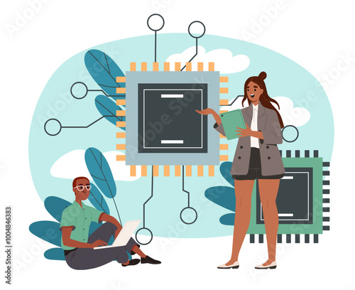 People create chip. Man and woman developing computer parts. Microchip and semiconductor for pc or laptop. Electronics gadget and device. Flat vector illustration isolated on white background