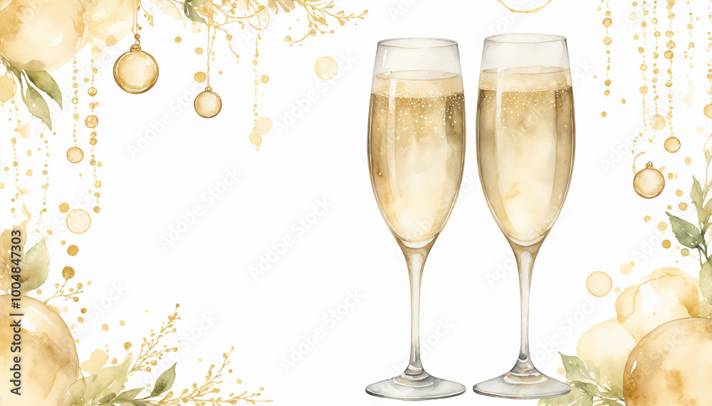 Two champagne glasses with bubbly drinks in a festive watercolor design background