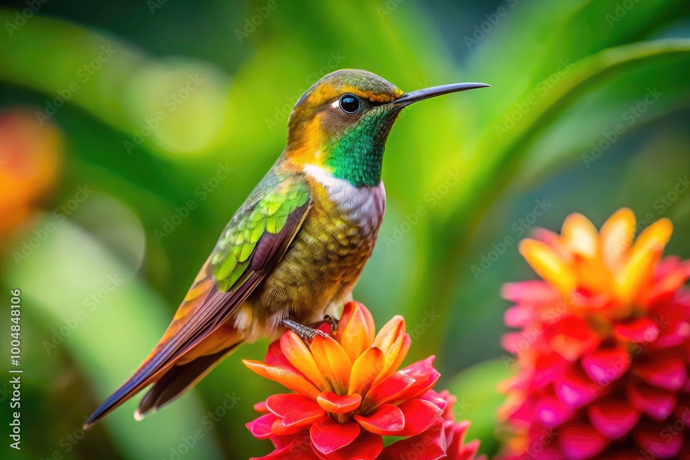 Fototapeta premium Elegant Coquette Hummingbird Perched Gracefully on a Vibrant Flower in a Lush Tropical Setting