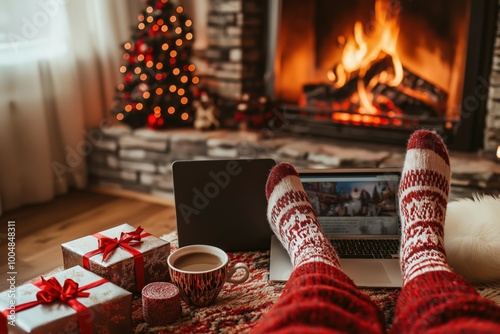 Wallpaper Mural Cozy online Christmas shopping by fireplace with gifts Torontodigital.ca