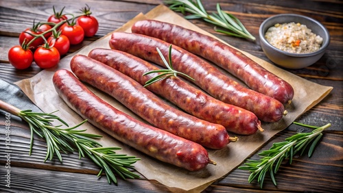 grilled steak beef sausages with vegetables