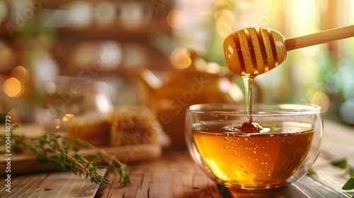 Discover the beauty of a honey dipper gently releasing honey into a cup of herbal tea capturing the essence of comfort in a cozy kitchen filled with aromatic herbs and a classic teapot photo