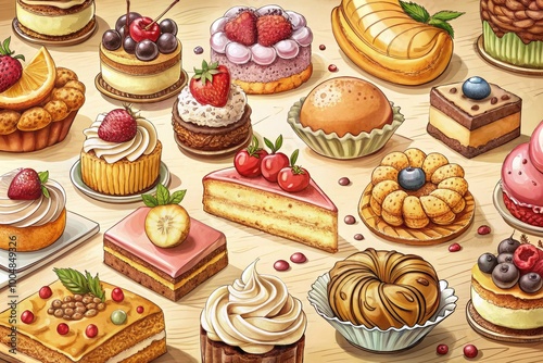 Elegant Line Drawing of Assorted Desserts Including Cakes, Pastries, and Sweets on a Simple Background