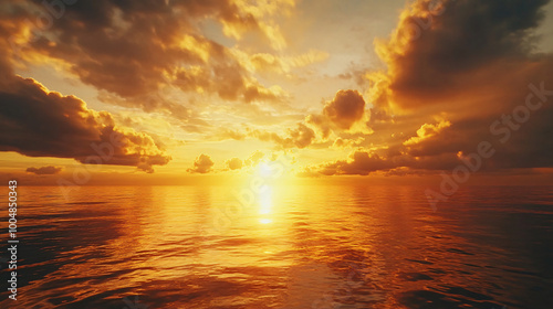  A coastal sunset with dramatic clouds and golden light reflecting on the water. 