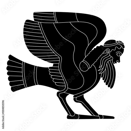 Funny winged bird man. Ancient Greek male siren or harpy. Fantastic mythological creature. Vase painting style. Black and white silhouette.