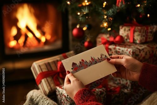 Opening Christmas card by fireplace with festive gifts