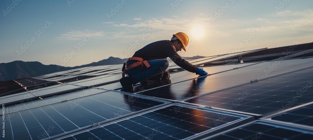 Worker performs maintenance on solar panels at sunset in a mountainous region Worker performs maintenance on solar panels at sunset in a mountainous region