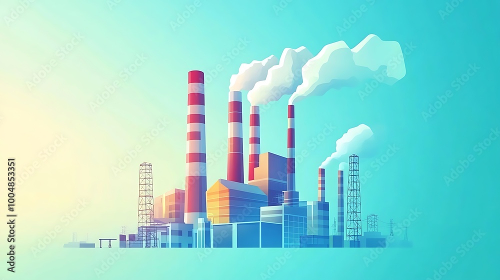 Industrial Complex with Smoky Chimneys Against a Turquoise Sky Industrial Complex with Smoky Chimneys Against a Turquoise Sky