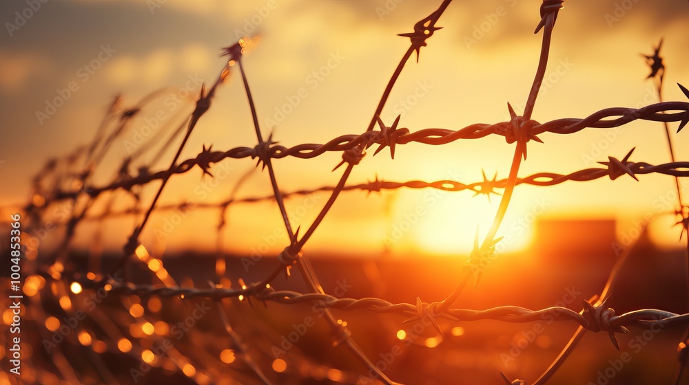 Barbed wire fence against a stunning sunset backdrop illuminating the evening sky Barbed wire fence against a stunning sunset backdrop illuminating the evening sky