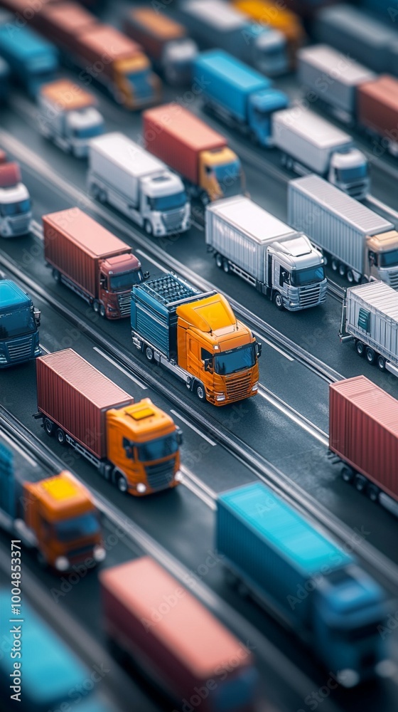 Aerial view of colorful toy trucks and containers on miniature highway lanes, creating a mesmerizing pattern of logistics and transportation. Aerial view of colorful toy trucks and containers on miniature highway lanes, creating a mesmerizing pattern of logistics and transportation.