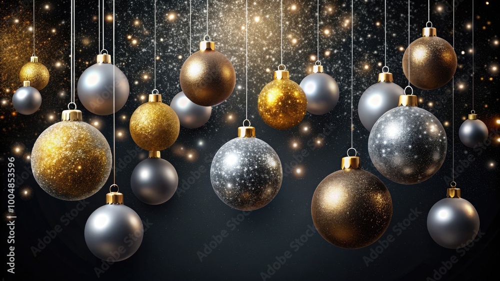Festive Christmas Banner with Glitter and Shiny Hanging Balls on Elegant Black Background Festive Christmas Banner with Glitter and Shiny Hanging Balls on Elegant Black Background