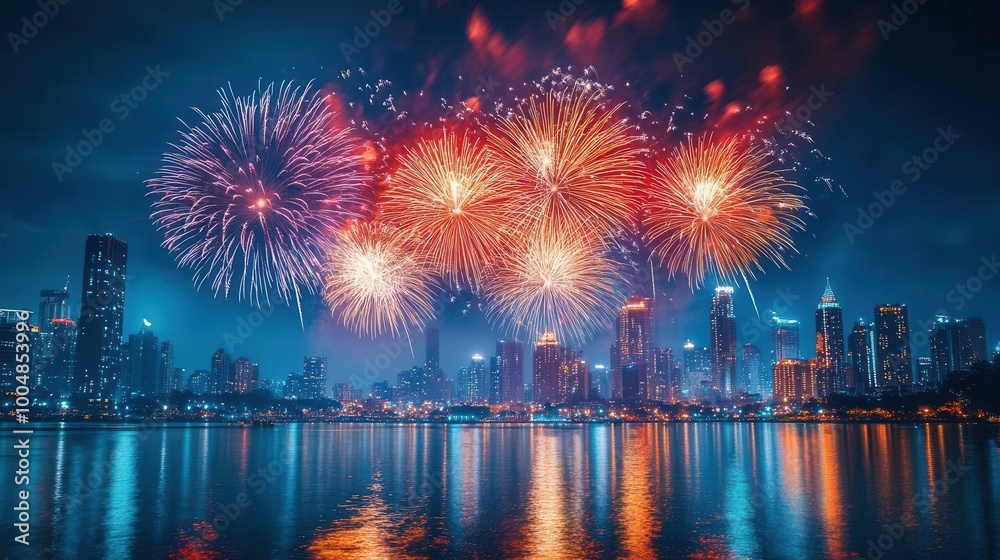 Obraz premium Fourth of July fireworks over a city skyline, vibrant colors, dynamic composition, patriotic atmosphere, realism