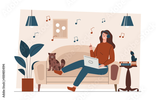 Woman listen to music. Young girl with laptop sits on sofa in apartment. Music lover with favorite songs and playlists. Mp3 audio files. Flat vector illustration isolated on white background