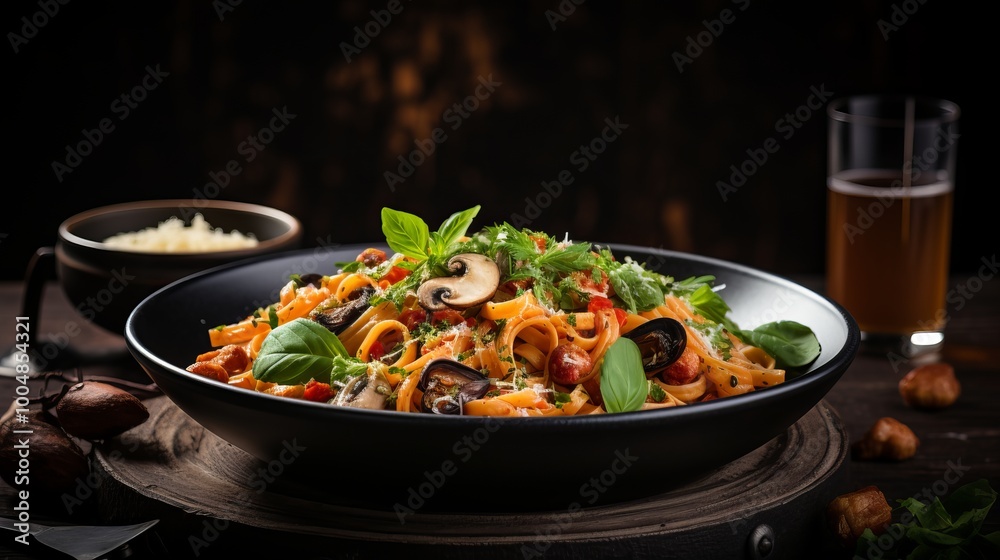 Delicious pasta dish with mushrooms and fresh herbs served at a rustic dining table in evening light Delicious pasta dish with mushrooms and fresh herbs served at a rustic dining table in evening light