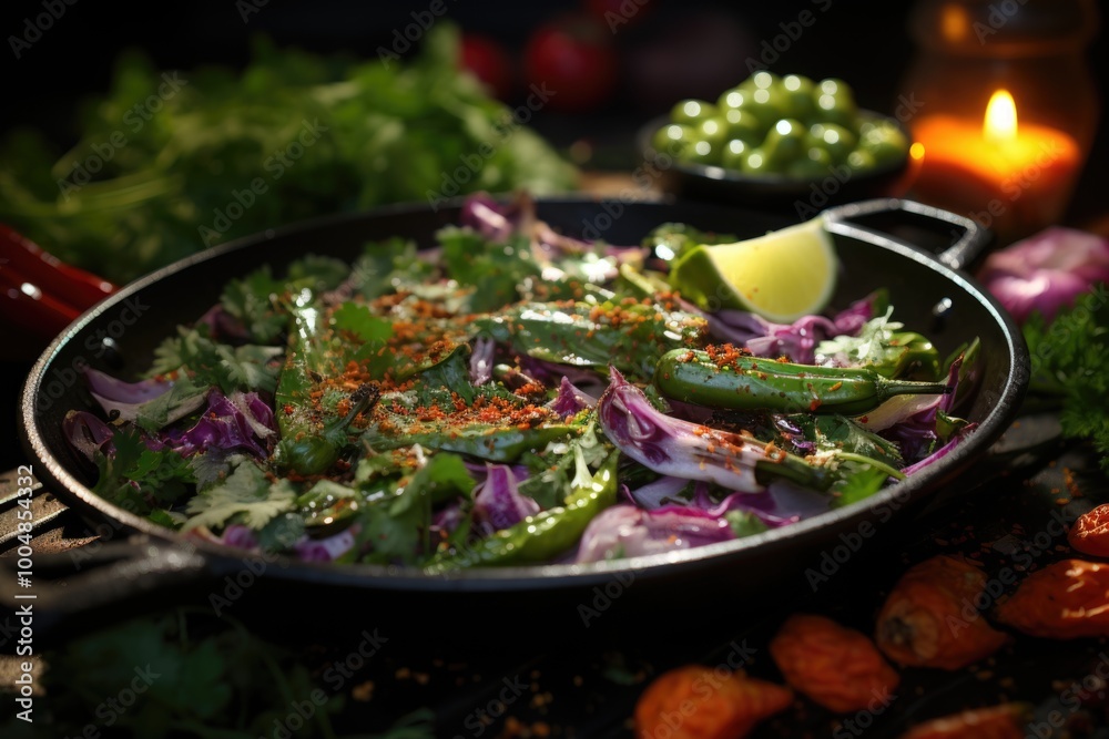 The white kale involves with chopped herbs in a black pan., generative IA The white kale involves with chopped herbs in a black pan., generative IA