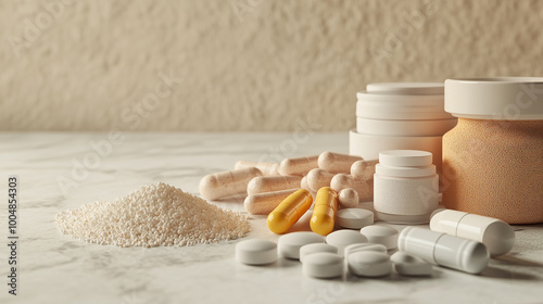 3D Composition of Health and Wellness Supplements on a Marble Countertop, generative ai