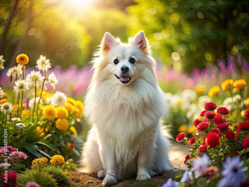 Fluffy White Spitz Dog Sitting Gracefully in a Sunlit Garden Surrounded by Colorful Flowers