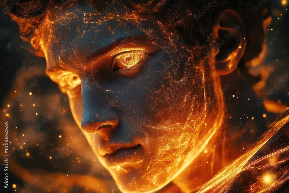 classical statue illuminated by an ethereal glow surrounded by vibrant flames merging ancient heritage with modern artistry in a dramatic setting